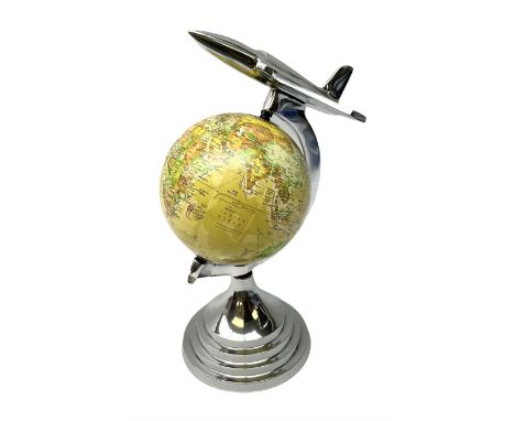 Art Deco style world globe with chrome aeroplane finial and mounts, H31cm