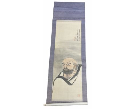 Japanese painted hanging scroll, decorated with a head and shoulder portrait of a sage, and further detailed with seals and c