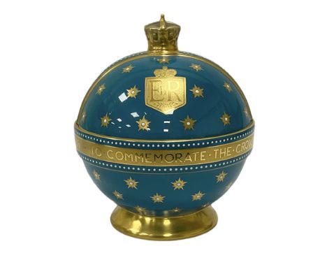 Minton Queen Elizabeth II 1953 Coronation limited edition orb designed by John Wadsworth, the turquoise blue ground decorated