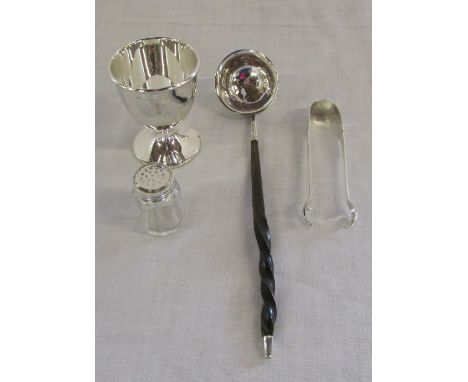 Silver egg cup Birmingham 1946, pot marked sterling silver, sugar tongs Sheffield 1915 & toddy ladle (marks indistinguishable