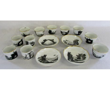 Early 19th Century porcelain cups and saucers decorated with hand painted monochrome landscape scenes (7 bute shape tea cups,