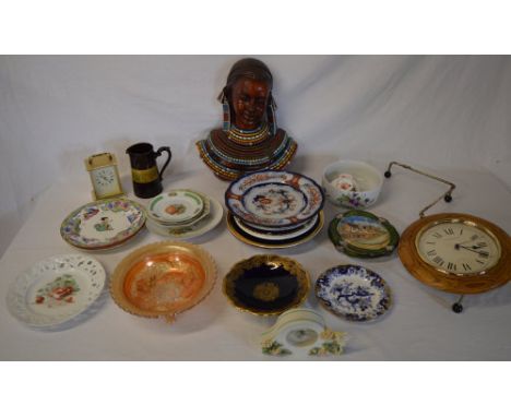 Various ceramic plates, carnival glass bowl, clocks, tribal bust etc