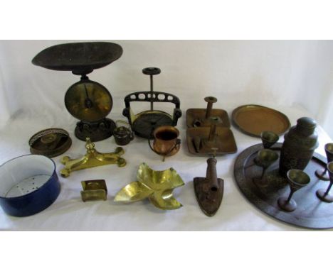 Various brass and copper etc inc scales, candlesticks etc