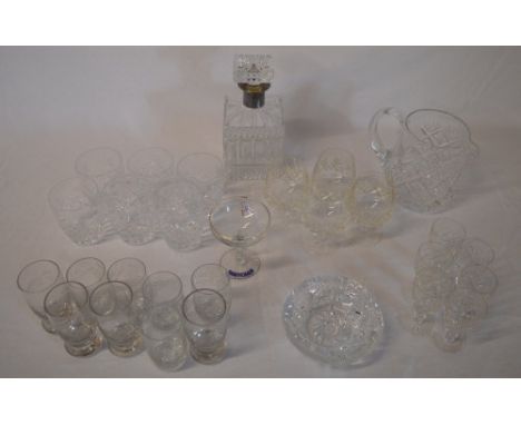 Glassware including a decanter, drinking glasses and a Babycham glass