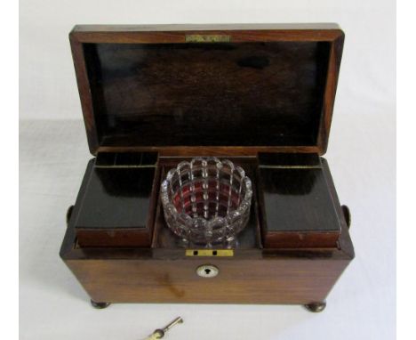 Late Georgian tea caddy with 2 lidded compartments and a glass mixing bowl