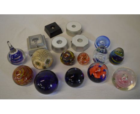 Various glass paperweights and LED light bases
