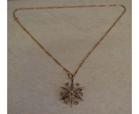 A 9ct gold and pearl Starburst style pendant on a 15ct gold curb & bar link necklace, approx weight overall 9.5g