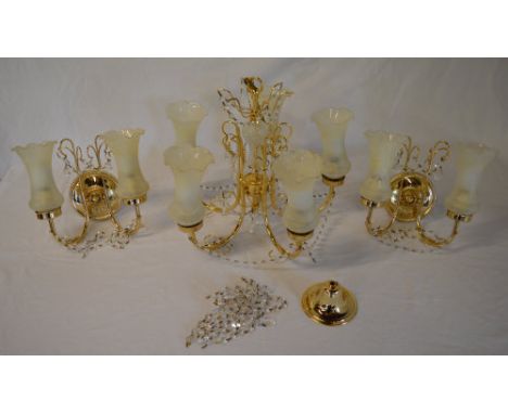 Chandelier style light fitting with drops and two matching wall lights