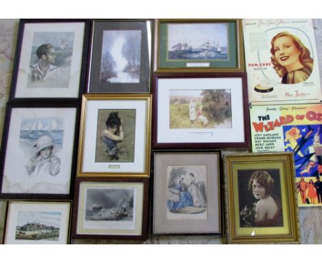 Box containing 12 pictures and prints includ Harrison Fisher & modern enamel signs