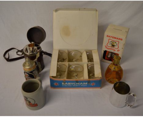 Various drinking items including boxed Babysham glasses, 4 sealed bottles of Batemans Ploughmans Ale, sealed bottle of Dimple