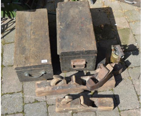 3 wooden planes, 2 wooden tool boxes with tools, blowtorch & sharpening stone