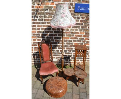 2 small tables, standard lamp, dining chair, plant stand and a leather cushion