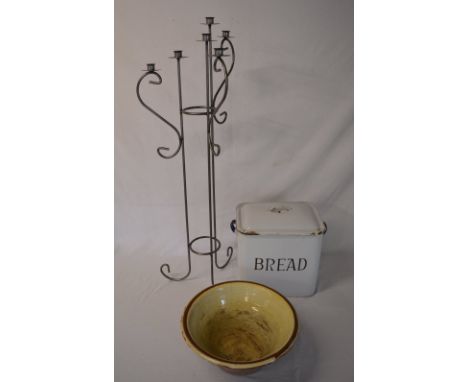 Enamel bread bin, mixing bowl and a candlestick stand