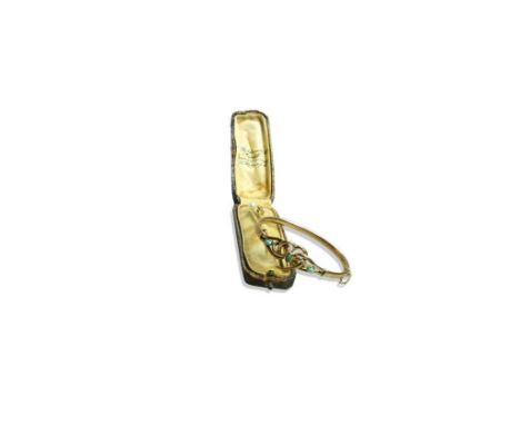including a 9ct yellow gold and turquoise set bangle, marks rubbed, together with two yellow metal pins, in a fitted case 