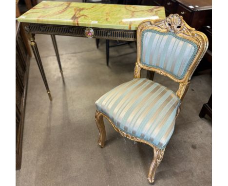 A Louis XVI style faux onyx and gilt console table and a chair 