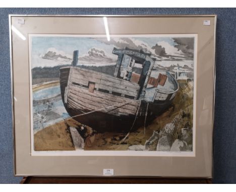 A signed Richard Bowden etching, Boat at Rowhedge, limited edition 12/100, framed 
