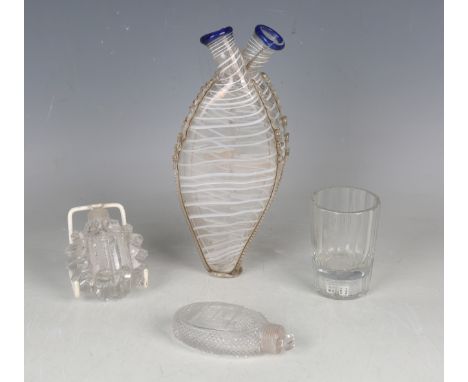 A double-chamber glass gimmel flask, 19th century, the clear conjoined bottles with white trailed decoration beneath blue rim