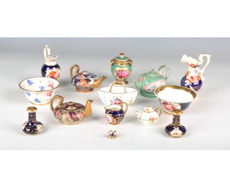 A mixed group of miniature porcelain table and decorative wares, mostly early 19th century, including an Imari Mason's Patent