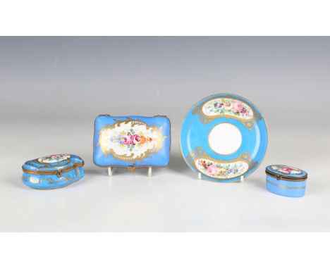 Three Sèvres style bleu céleste ground gilt metal mounted Limoges trinket boxes, 20th century, decorated with flowers and gil
