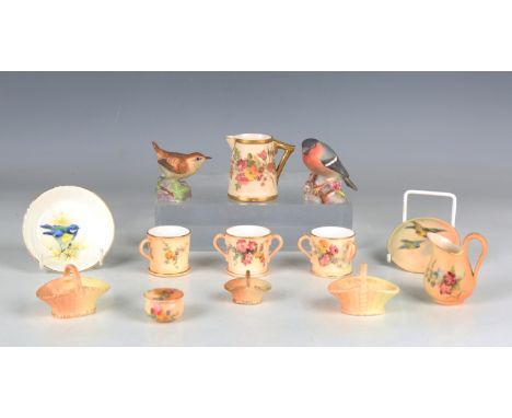 A small group of Royal Worcester miniatures, including a blush ivory mug, loving cup and tyg, each decorated with flowers, a 