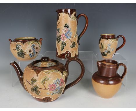 A Doulton Lambeth stoneware Slater's Patent three-piece tea service, late 19th century, decorated by Emily Partington, monogr