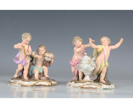 A pair of Meissen figure groups representing the Arts, late 19th century, the first depicting Drama, modelled after Jüchtzer,