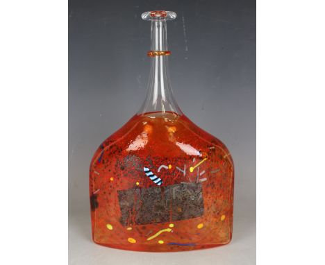 A Kosta Boda glass Satellite flask, designed by Bertil Vallien, circa 1980, the clear flattened body decorated to each side w