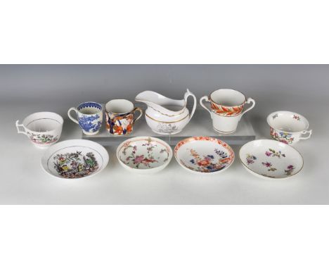 A mixed group of British and Continental porcelain teacups, coffee cans, teabowls and saucers, 18th and 19th century, includi