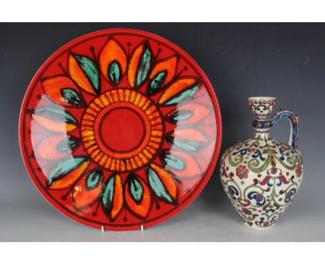 A Zsolnay Pécs pottery puzzle ewer, early 20th century, decorated in the Persian manner with relief and painted foliate scrol