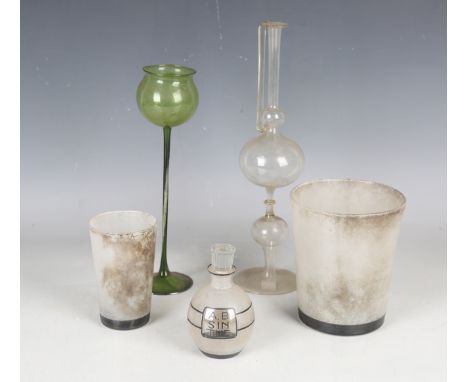 Three pieces of Delvaux Art Deco glass, each with mottled frosted surface and black line detail, comprising a small ovoid dec