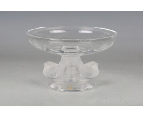 A Lalique frosted and clear glass Nugent pattern footed dish, post 1945, the circular top supported on a stem with four birds
