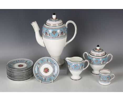 A Wedgwood blue Florentine pattern part coffee service, comprising coffee pot and cover, sucrier and cover, jug, twelve coffe