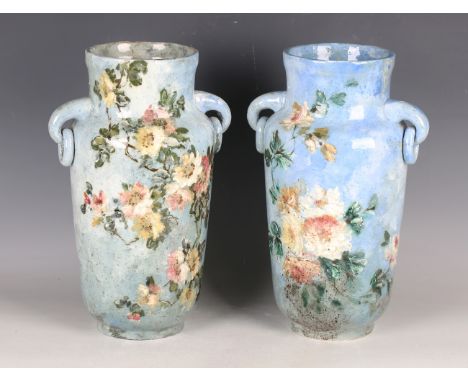 A pair of Barbotine French Impressioniste pottery vases, late 19th century, of high-shouldered form, painted with branches of