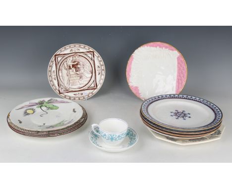 A pair of Mintons pottery plates from the Anacreon series, 1870s, designed by John Moyr Smith, impressed marks to bases, diam
