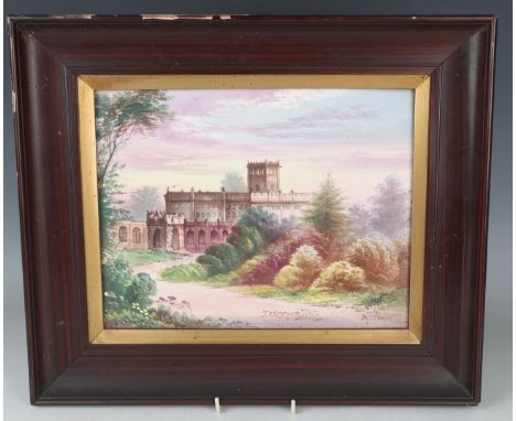 A Staffordshire porcelain rectangular panel, 19th century, painted with a titled view of Trentham Hall, 28cm by 22cm, held wi