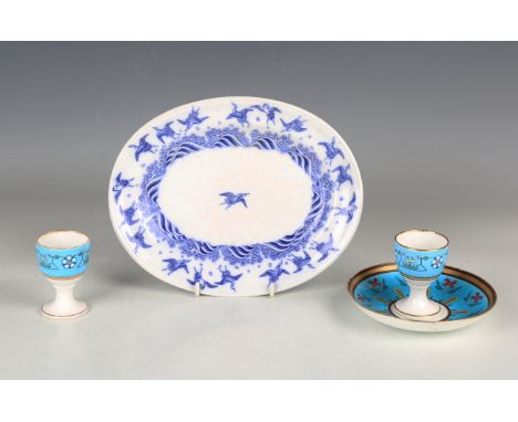 A Minton Japanese Crane pattern blue printed oval dish, circa 1872, designed by Christopher Dresser, impressed and blue print