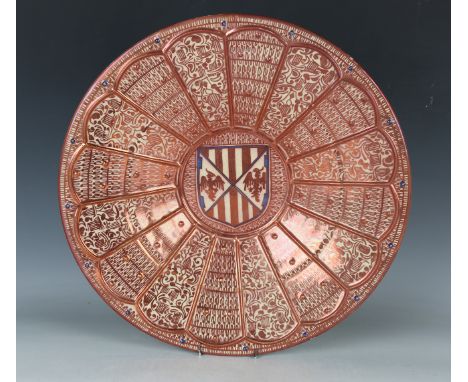 An Hispano Moresque lustre charger, late 19th century, the centre painted with the coat of arms of Kingdom of Sicily within a