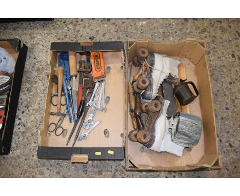 Two boxes of mixed vintage shed clearance items, roller skates, spanners, adjustable pipe wrenches