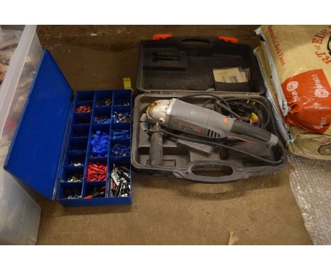 Mixed box of various electrical connectors together with a Challenge Extreme angle grinder