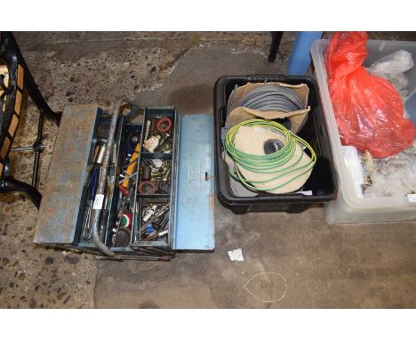 Metal cantilever tool box together with tools including sockets, rachets and various other hand tools