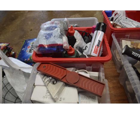 Three mixed boxes of various tools to include clamps, mitre bond, wood glue, lights etc