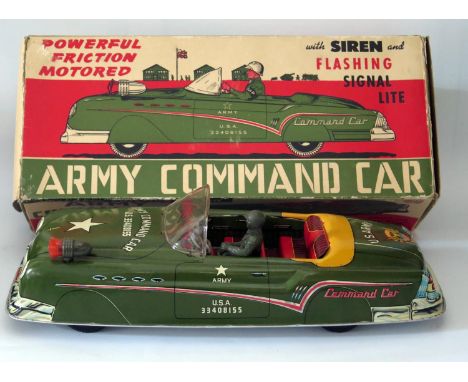 Tin Plate Toy _ A Marx Electric Motored Army Command Car with driver and original box, manufactured in 1956, 51cm long. 