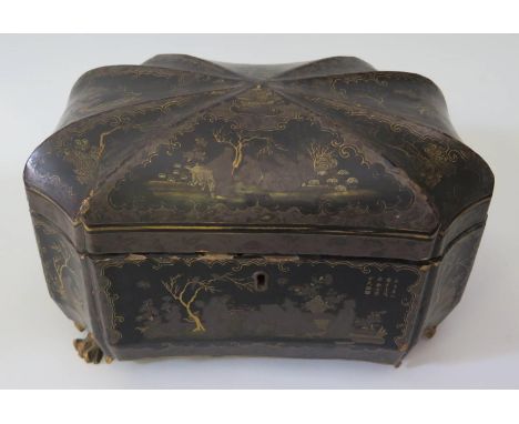 A Nineteenth Century Chinese Export Lacquered Tea Caddy with pewter fittings 