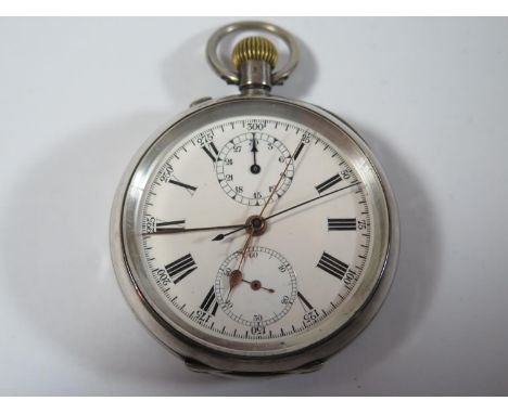 A .935 Silver Cased Keyless Open Dial Split Second Chronograph Pocket Watch, the 48mm enamelled dial with Roman numerals, c. 