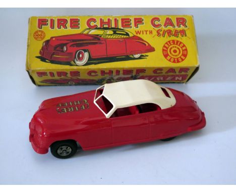 Tin Plate Toy _ A Marx Fire Chief Car with siren and friction motor. Manufactured in 1952 and complete with box 