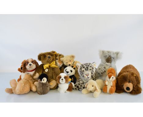 A collection of modern Steiff, including Panda and Cub 660108, Paddy, Siro, Elmar, Lieschen, Penguin, Spaniel, Squirrel, Tige