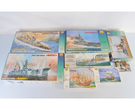 Eight Zveda 1:350 scale model kits, 9040 Russian Imperial Naval Battleship Sevastopol, 9039 HMS Dreadnought, 9052 Soviet Batt