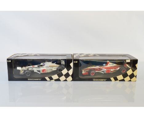 Two Minichamps BAR Formula 1 1/18 scale models, BAR Honda 03 O. Panis and BAR 01 M. Salo, boxed (2)