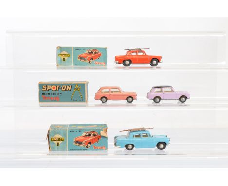 Four Austin models from the Tri-ang Spot-On range, including two boxed 184 Austin A60 Cambridge models with roof racks and sk