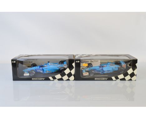 Two Paul's Model Art Minichamps Benetton Formula 1 1/18 scale models, Benneton F1 J. Button and Benetton Renault Sport B201 J